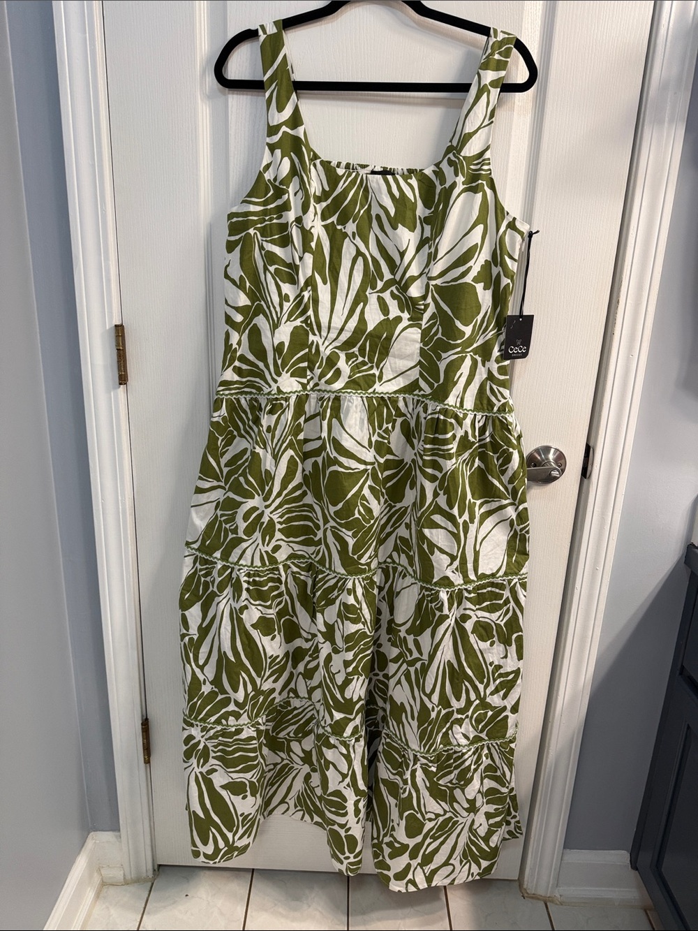CeCe Olive & White Floral Tiered Maxi Dress